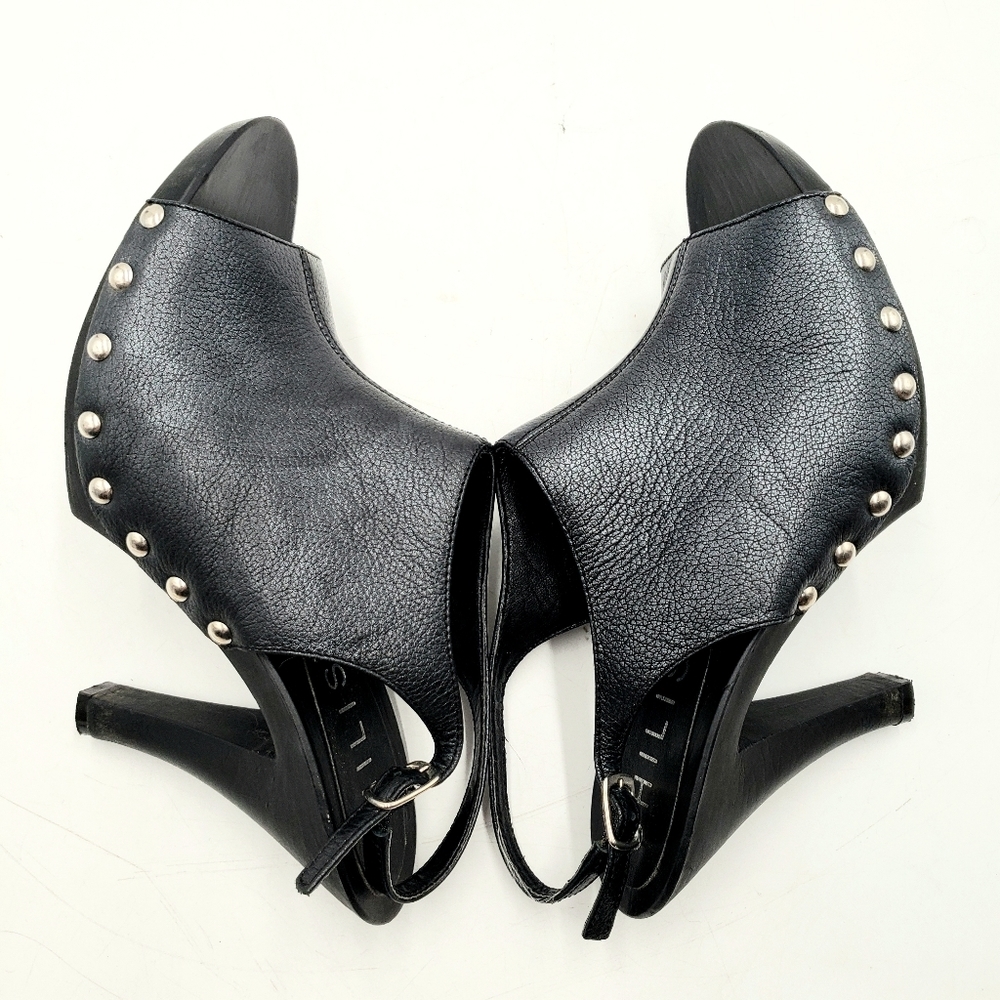Chilis Leger Studded Peep Toe Heels Womens 9.5 Black Buckle Sling Back 4 Inch - Picture 5 of 8